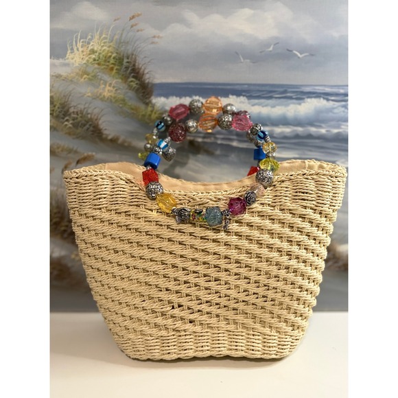 Cappelli Straworld Handbags - Cappelli Straworld Woven Straw Tote Beach Bag Beaded Handle Charms Tan Summer
